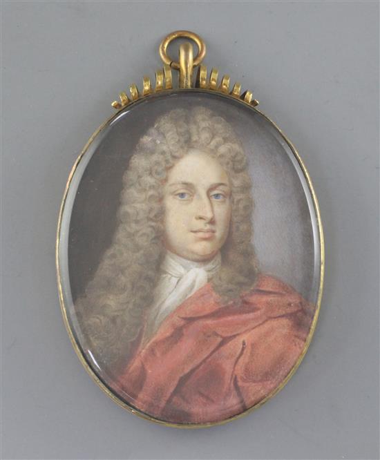 Late 17th century English School Miniature of Sir Thomas Lyttelton, 4th Baronet (1686-1751) 2.75 x 2.25in., gilt and engraved brass fra